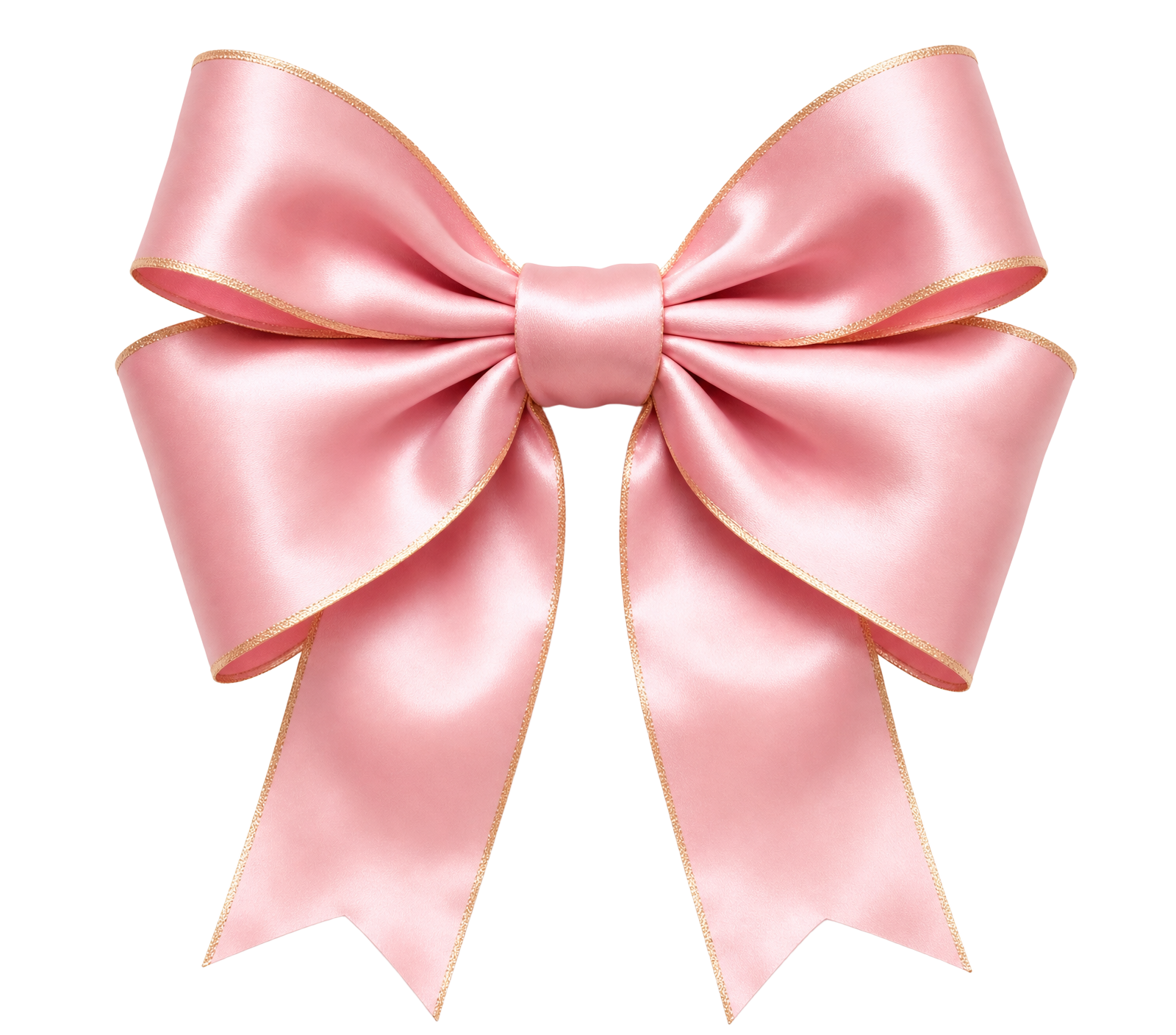 A large pink satin bow with gold trim, tied on the gift