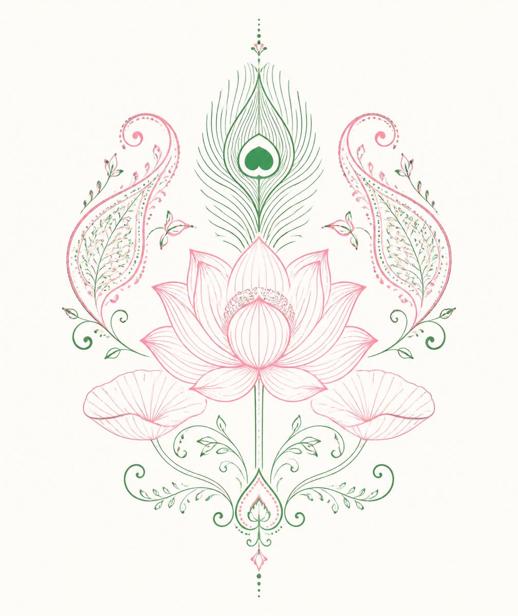 A hand-drawn Indian lotus with peacock feather and paisley motifs